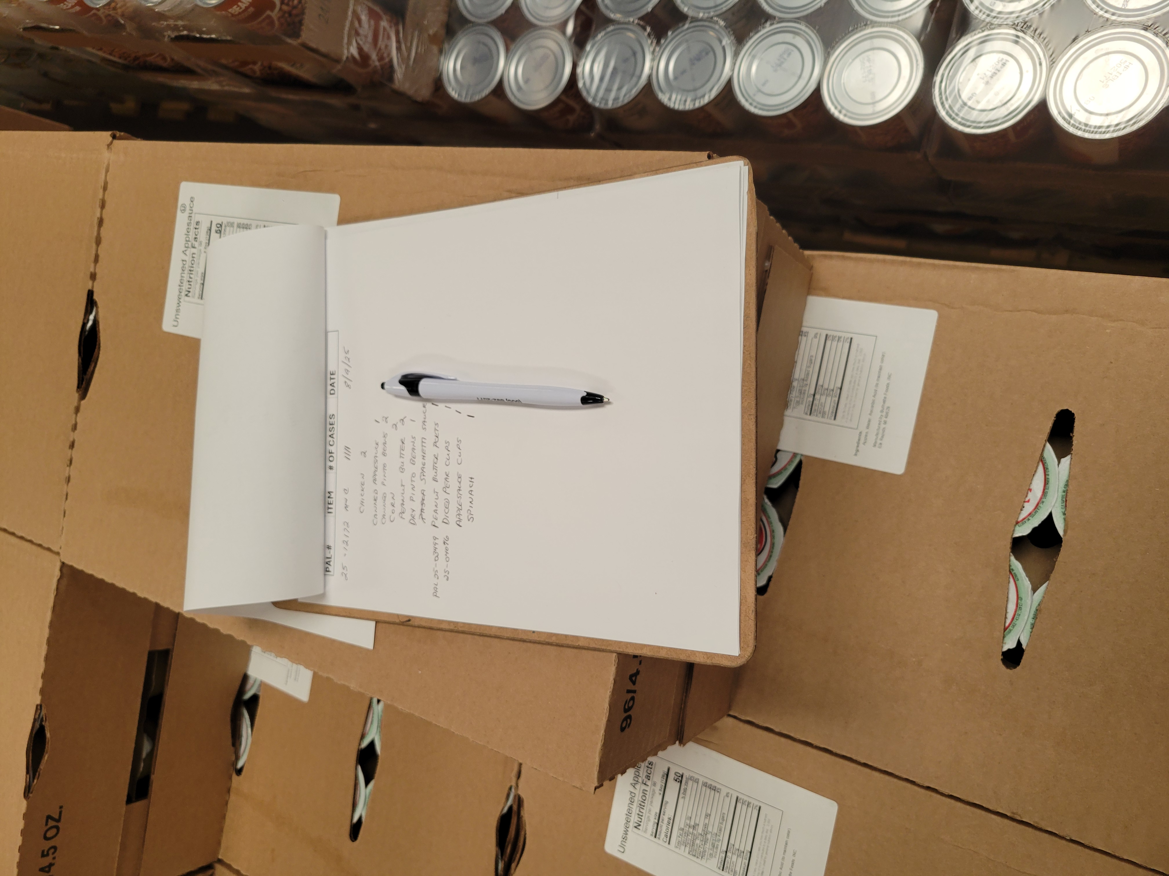 Piece of paper listing the date, how many cases they have of each product, and the product's number.